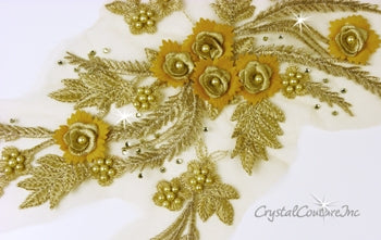 Gold 3D Floral Embroidered/Pearl Applique