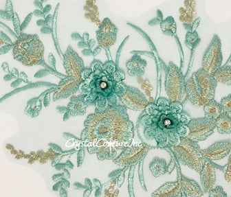 Seafoam Green/Silver Metallic 3D Floral Embroidered Applique