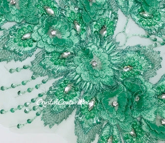 Green 3D Floral Embroidered/Beaded Applique