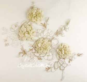 3D Ivory with Metallic Gold Floral Embroidered Applique with White Beads