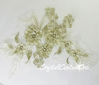 3D Ivory/Champagne with Metallic Gold Floral Embroidered Applique with White Sequins