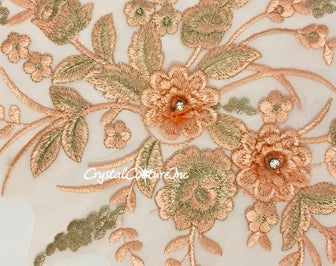 Coral/Lt Peach/Lt Gold Metallic 3D Floral Embroidered Applique