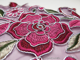 Burgundy/Rose/Green Floral Lace Embroidered Applique