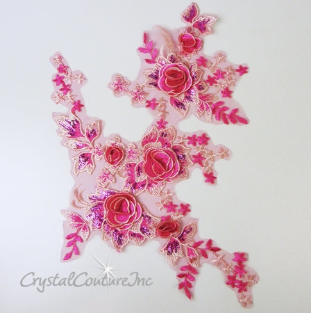 5pcs Light Pink 3d Florals Motif Applique, Heavy Bead Organza