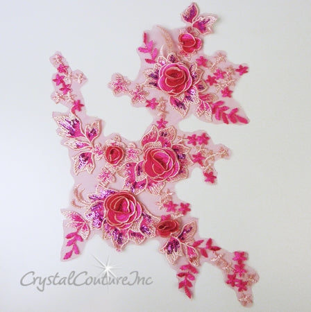 Fuchisa/Lt Pink 3D Flower Embroidered Applique/Trim