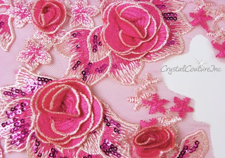 Fuchisa/Lt Pink 3D Flower Embroidered Applique/Trim