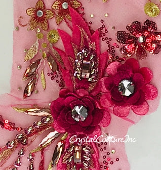 3D Fushia Floral Embroidered Applique With Gold Sequins and Beads