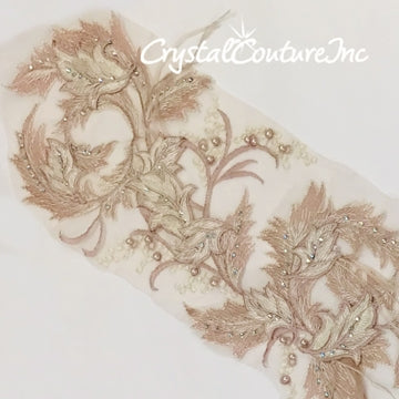 Large Vintage Pink/Ivory Floral Embroidered Applique with Feathers