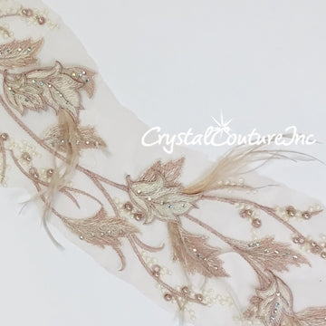 Large Vintage Pink/Ivory Floral Embroidered Applique with Feathers