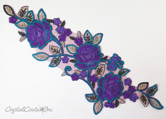 Purple/Teal Blue Floral Lace Embroidered Applique