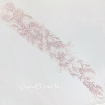 Large Lt Amethyst/Lt Pink Floral Embroidered Applique with Feathers