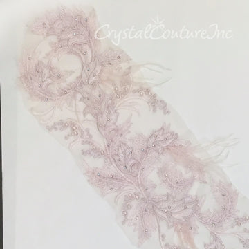 Large Lt Amethyst/Lt Pink Floral Embroidered Applique with Feathers