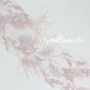 Large Lt Amethyst/Lt Pink Floral Embroidered Applique with Feathers