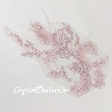 Lt Amethyst/Lt Pink Floral Embroidered Applique with Feathers