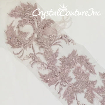 Large Dusty Purple Floral Embroidered Applique with Feathers