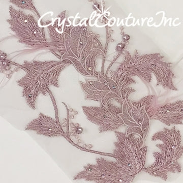 Dusty Purple Floral Embroidered Applique with Feathers
