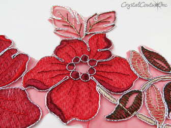 Red/Metallic Silver/Nude Floral Lace Embroidered Applique