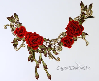 Red/Burgundy/Green Floral Embroidered Applique