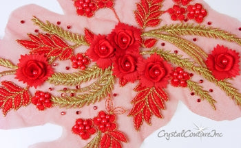Red/Gold 3D Floral Embroidered/Pearl Applique