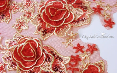 Red/Ivory(Soft Yellow) 3D Flower Embroidered Applique/Trim