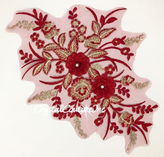 Wine/Lt Gold Metallic 3D Floral Embroidered Applique