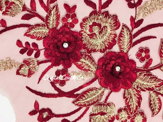 Wine/Lt Gold Metallic 3D Floral Embroidered Applique