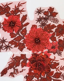 Wine Metallic 3D Floral Embroidered/Pearl Applique