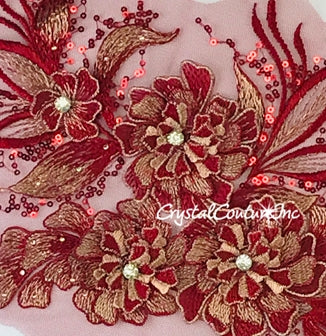 3D Wine with Metallic Lt Gold Floral Embroidered Applique with Wine Sequins