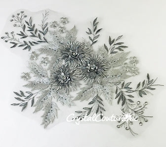 3D Silver Metallic with Graphite Floral Embroidered Applique