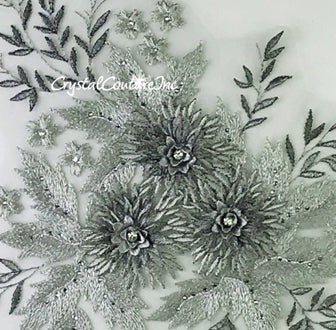 3D Silver Metallic with Graphite Floral Embroidered Applique