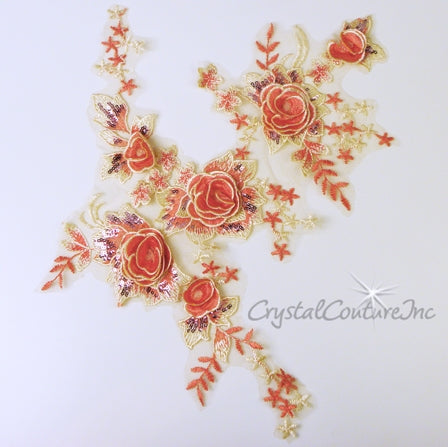 Soft Yellow/Coral 3D Flower Embroidered Applique/Trim