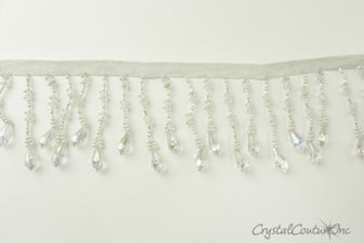 Crystal AB Pendant and Silver/Pearl Beaded Fringe Trim - per foot