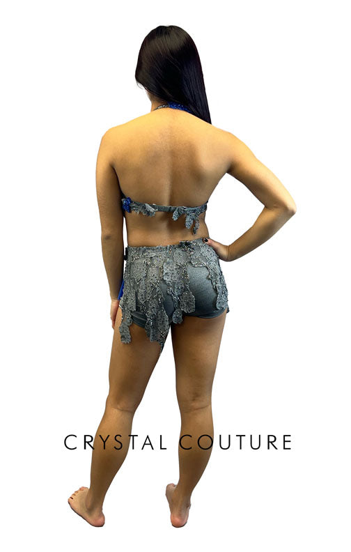 Gray and Royal Blue Bra-Top and Booty Shorts/Half Skirt - Swarovski Rhinestones