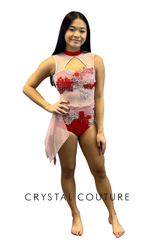 Custom Light Pink & Red Lycra Leotard with Mesh Details - Appliques & Swarovski Rhinestones
