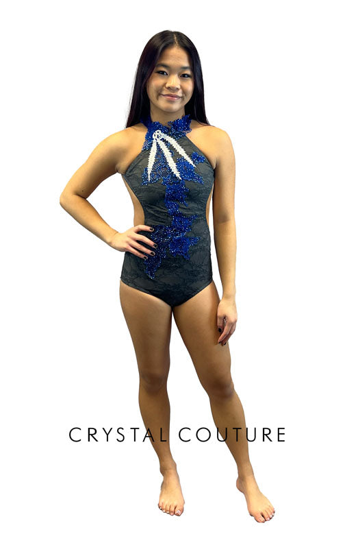 Custom Gray Floral Lace Mock-Neck Leotard - Appliques & Swarovski Rhinestones