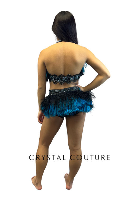 Custom Black Pleather Connected Two Piece with Feathers - Appiques Swarovski Rhinestones