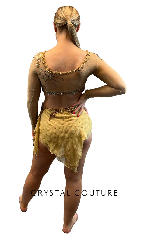 Custom Nude, Copper & Gold Long Sleeve & Booty Shorts/Chiffon Skirt - Swarovski Rhinestones