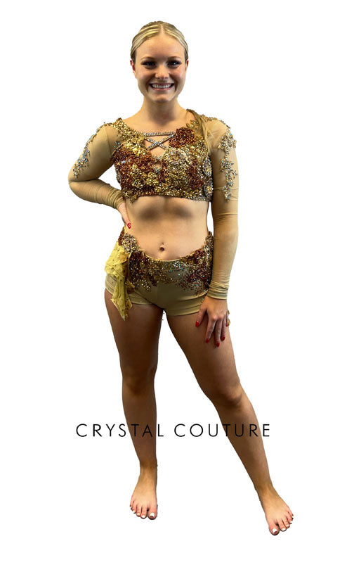 Custom Nude, Copper & Gold Long Sleeve & Booty Shorts/Chiffon Skirt - Swarovski Rhinestones