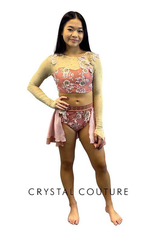 Dusty Pink, Lt Pink ad Nude Top and Trunks/Back Skirt with Embroidered Appliques - Rhinestones