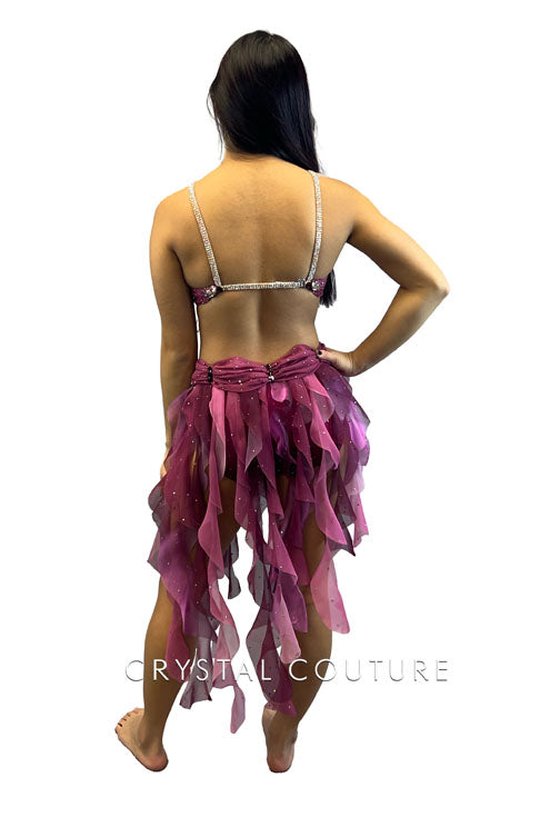 Plum/Dark Pink 2-Piece Bra Top and Trunks with Tendril Skirt - Swarovski Rhinestones