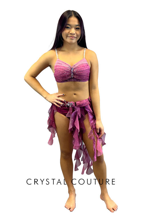 Plum/Dark Pink 2-Piece Bra Top and Trunks with Tendril Skirt - Swarovski Rhinestones