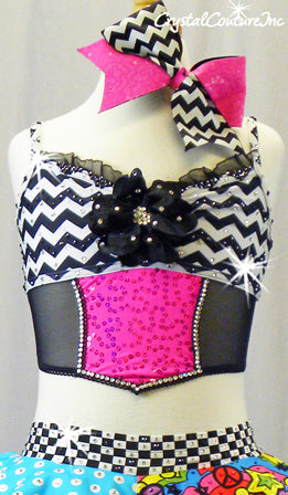 Black/White/Colorful Crop Top & Short Tutu Skirt w/ Trunks - Rhinestones