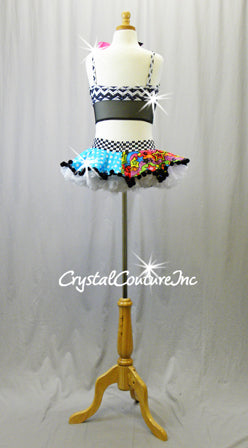 Black/White/Colorful Crop Top & Short Tutu Skirt w/ Trunks - Rhinestones