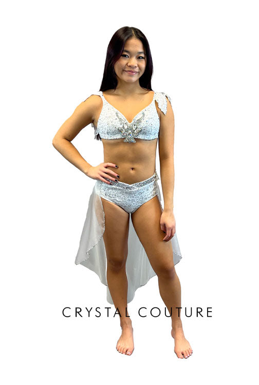 White Floral Lace Top and Trunks/Half Skirt - Swarovski Rhinestones