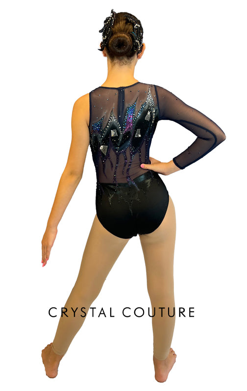 Custom Hand painted Navy Mesh & Black Lycra Leotard - Swarovski Rhinestones