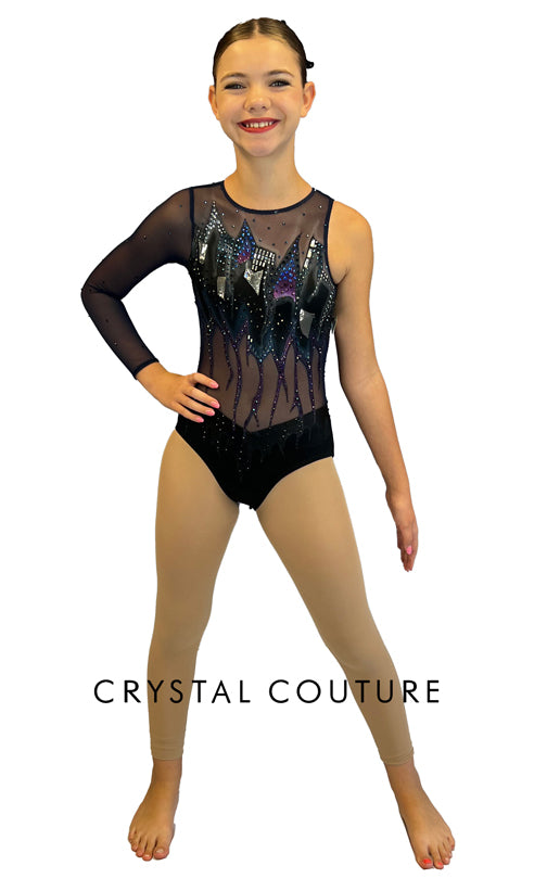 Custom Hand painted Navy Mesh & Black Lycra Leotard - Swarovski Rhinestones