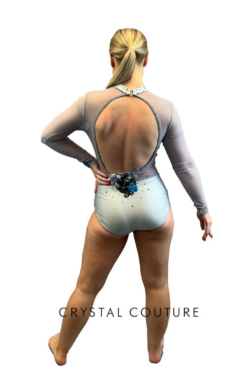 Lt gray Lycra and Sheer Mesh Long Sleeve Leotard - Rhinestones
