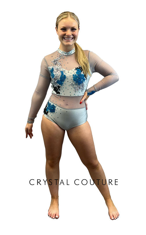 Lt gray Lycra and Sheer Mesh Long Sleeve Leotard - Rhinestones