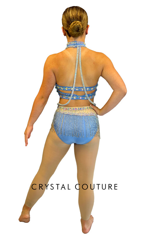 Blue Connected 2 Piece Mock-Neck Top and Trunk/Beaded Skirt - Swarovski Rhinestones