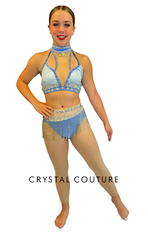 Blue Connected 2 Piece Mock-Neck Top and Trunk/Beaded Skirt - Swarovski Rhinestones